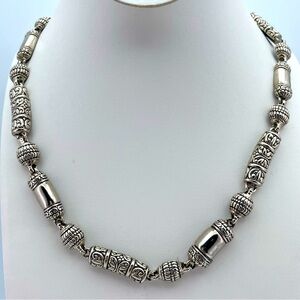 Ornate Silver/Tone Etched Bead Statement Necklace Adjustable 17–19” Boho Style